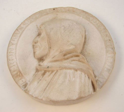 Antique Plaster Relief Portrait Medallion of man: Antique Plaster Relief Portrait Medallion of man wearing hooded robe surrounded by Latin words. 3 1/2" diameter. by 1" deep