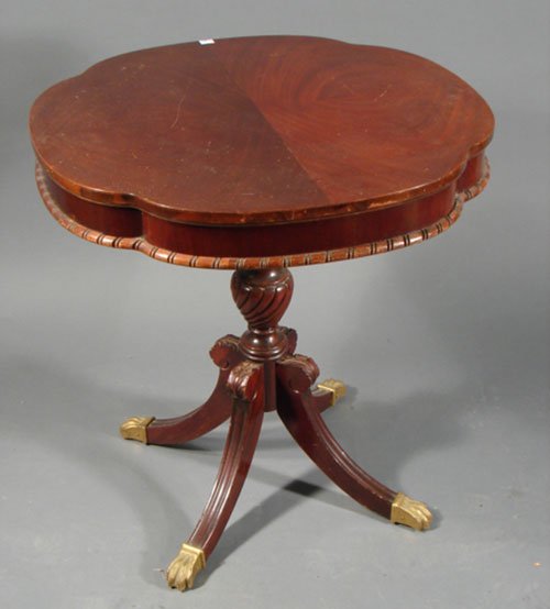 Duncan Phyfe style fine Mahogany Parlor Table wit: Duncan Phyfe style fine Mahogany Parlor Table with paw feet. 27" high by 24 3/4" diameter.