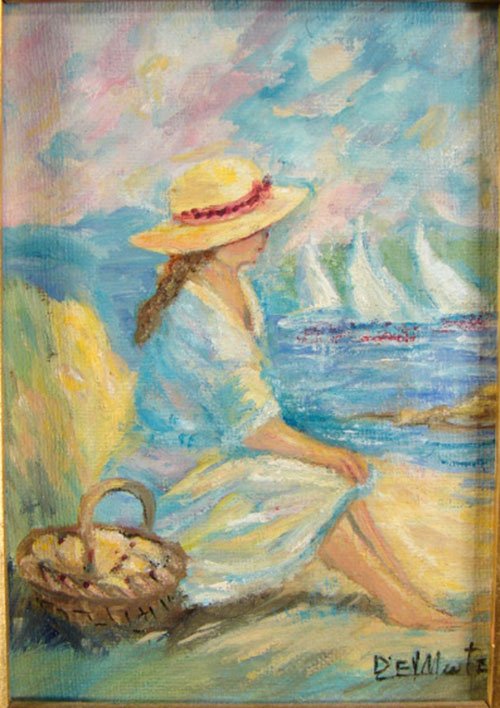 Delmonte Signed Oil Painting on Canvas, Girl with: Delmonte Signed Oil Painting on Canvas, Girl with yellow hat. Beverly Hills Art Guild Label. Sight size 6 1/2" high by 4 1/2" wide. Overall 10 1/2" high by 8 1/2" wide.