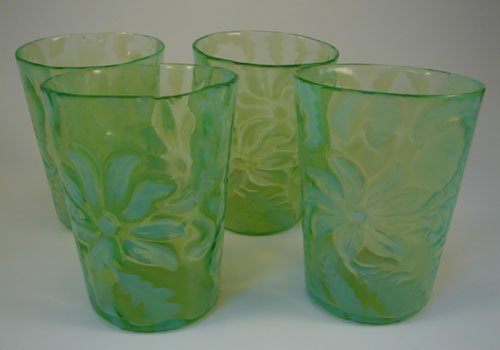 Set of 4 Opalescent Vaseline glass Tumblers. 4"h x