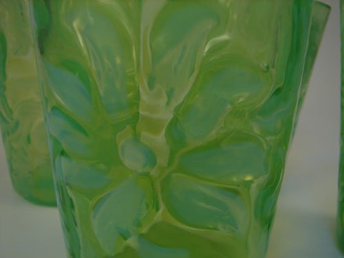 Set of 4 Opalescent Vaseline glass Tumblers. 4"h x - 2