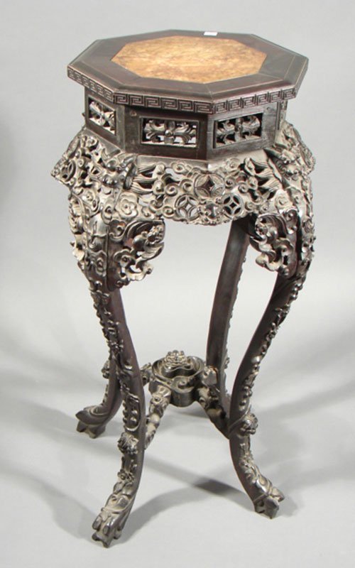 Antique Oriental Carved Teakwood Stand with marble