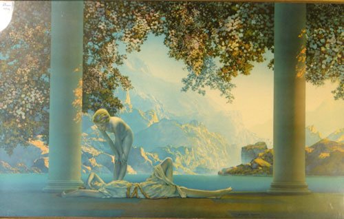 Maxfield Parrish Print titled "Daybreak" ss: 17 1/: Maxfield Parrish Print titled "Daybreak" ss: 17 1/2"h x 30"w overall: 22"h x 34"w x 1"d