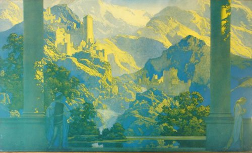 Maxfield Parrish Print titled "Romance" ss: 13 1/2: Maxfield Parrish Print titled "Romance" ss: 13 1/2"h x 23" overall: 16 1/2"h x 26"w x 1"d