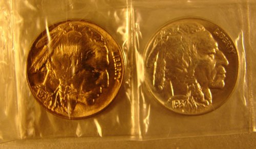 2 UNC Buffalo nickels: 1937 and 1938D both GEM