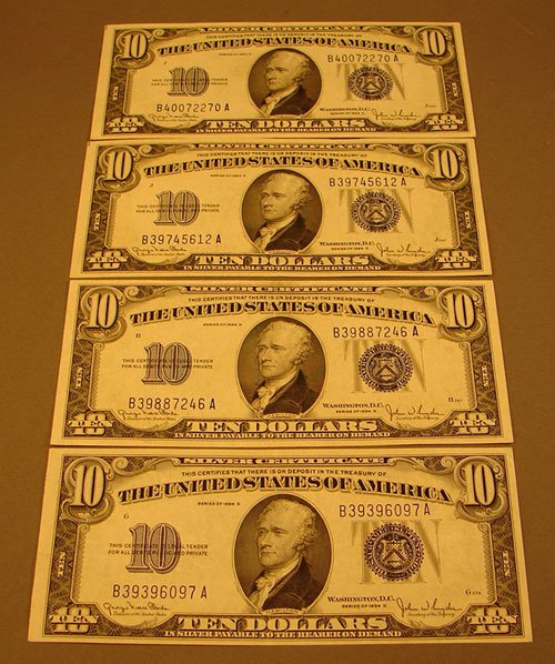 Four $10 Silver Certificates 1934D AU