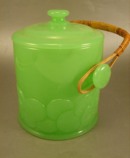 Rare Jade Green Glass Ice Bucket with wooden hand