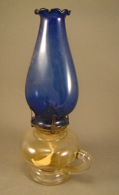 Antique Kerosene Finger Lamp with Cobalt Blue Glas