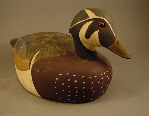 Decoy, hand painted with glass eyes. 6"h x 6"w x 1