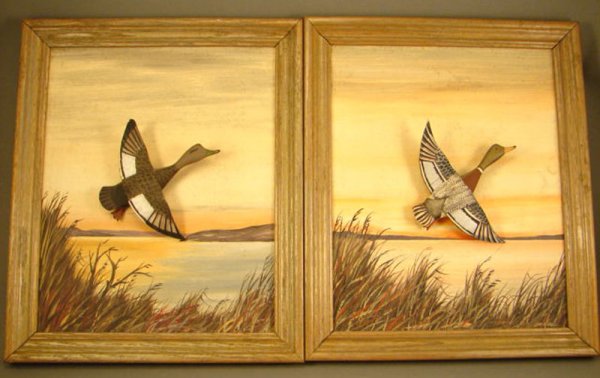 Pair of Signed Conklin duck carvings, framed. ss: