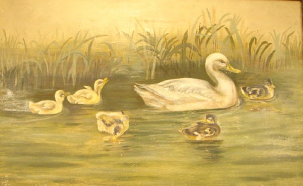 Oil Painting on Board of Ducks on Pond. artist un