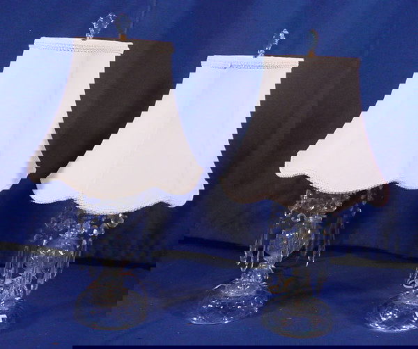 3N: Pair of Mantle Luster type fine crystal electric ta: Pair of Mantle Luster type fine crystal electric table Lamps. Made ca. 1940. Featuring hand cut glass prisms and cut base w/silk shades and cut glass finials.