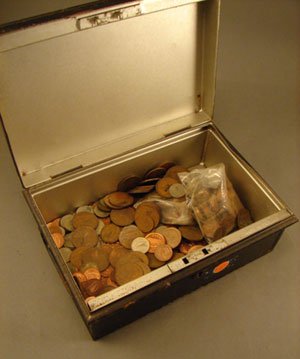 Metal box of Irish pennies to 6 pence mostly mode