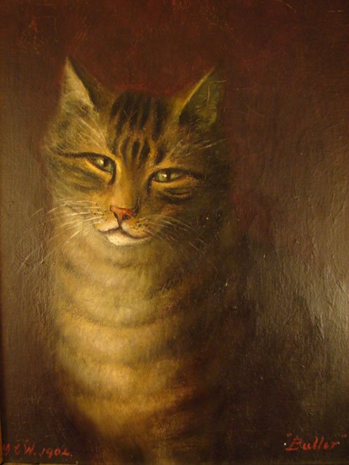 Antique Oil Painting on Canvas, Portrait of a cat.