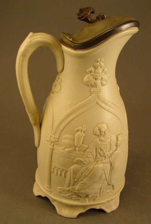 Antique Porcelain Pitcher with Pewter Lid featuri