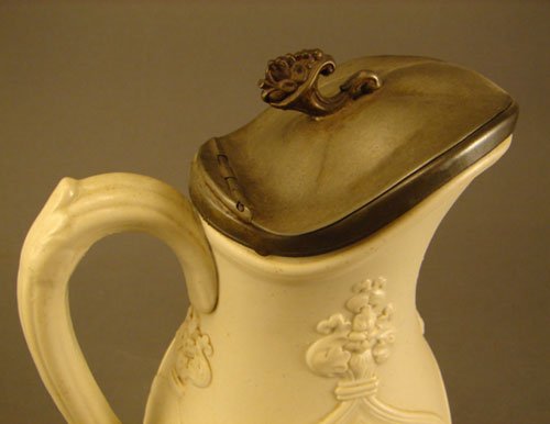Antique Porcelain Pitcher with Pewter Lid featuri - 2