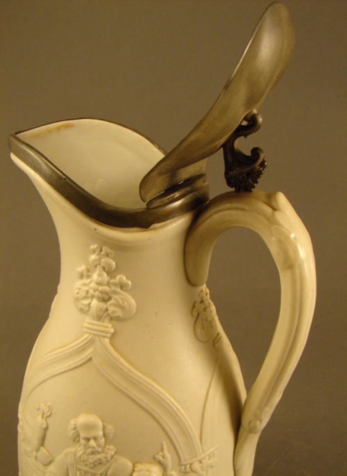 Antique Porcelain Pitcher with Pewter Lid featuri - 4