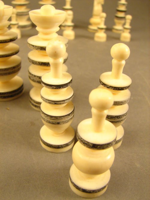 Antique Lathe Turned and Hand Carved Bone Chess S - 6