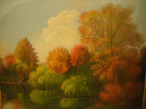 19th Pastel Landscape Painting with Trees and Wat