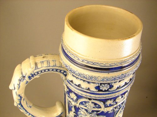 ANTIQUE STONEWARE COBALT DECORATED TANKARD - 2