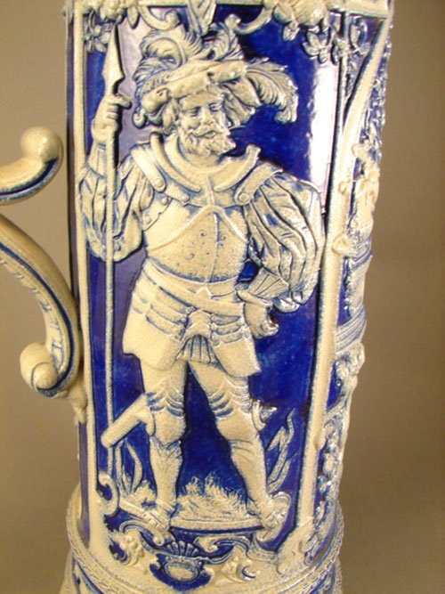 ANTIQUE STONEWARE COBALT DECORATED TANKARD - 3