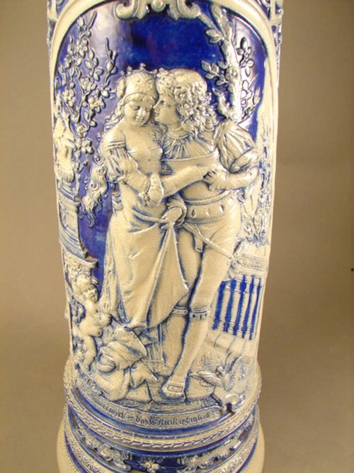 ANTIQUE STONEWARE COBALT DECORATED TANKARD - 4