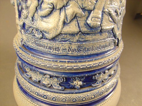 ANTIQUE STONEWARE COBALT DECORATED TANKARD - 5