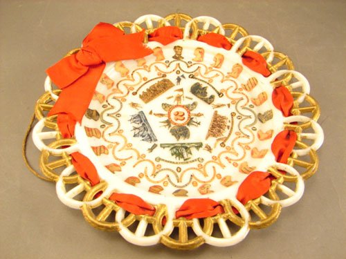 Cigar Band Art Decorated Antique Milk Glass Plate