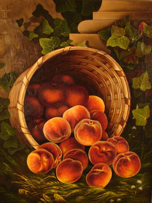 Antique Still Life Oil on Canvas Painting in the: Antique Still Life Oil on Canvas Painting in the manner of Levi Wells Prentice with Peaches tumbling from a basket in a landscape. signed lower right "Mrs. C.S. Kimball" We have no information on Kimb