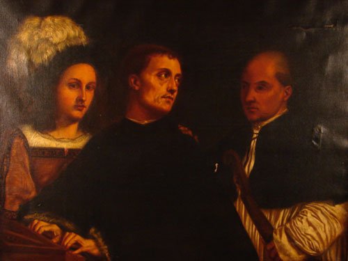 Antique Oil Painting on canvas. Interior scene wi