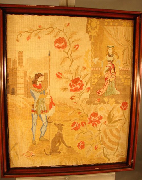 Antique Needlework Picture with Petit Point. Scen