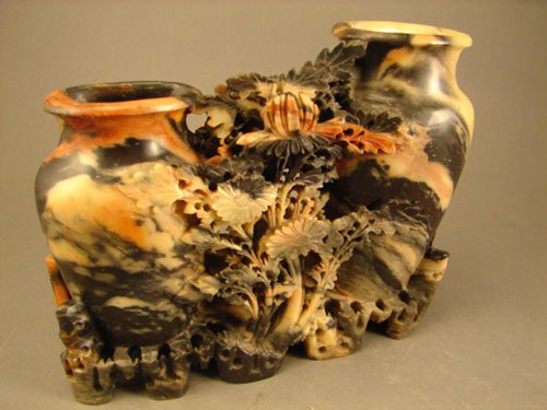 Antique Carved Soapstone Double Vase with exquisi