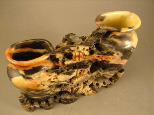 Antique Carved Soapstone Double Vase with exquisi - 2