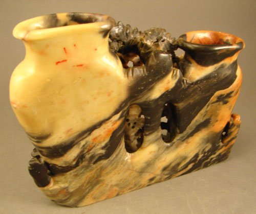 Antique Carved Soapstone Double Vase with exquisi - 5