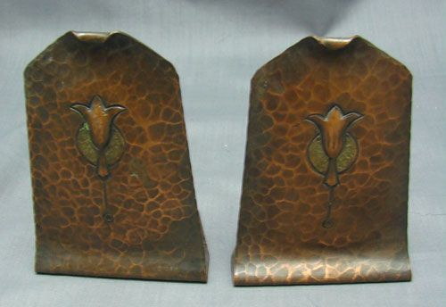 Arts & Crafts Hammered Copper Signed Bookends