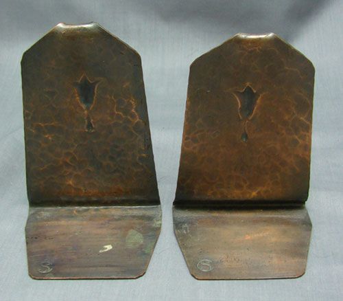 Arts & Crafts Hammered Copper Signed Bookends - 2