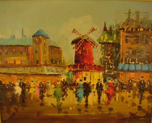 Spinelli Signed Original Oil Painting Parisian: Spinelli Signed Original Oil Painting on canvas. Parisian street scene. Multiple figures in a colorful cityscape. In the manner of Edouard Cortes. Second half 20th c. Remains in excellent original con