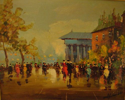 Spinelli Signed Original Oil Painting Parisian Ci: Spinelli Signed Original Oil Painting on canvas. Parisian street scene. Multiple figures in a colorful cityscape. In the manner of Edouard Cortes. Second half 20th c. Remains in excellent original con