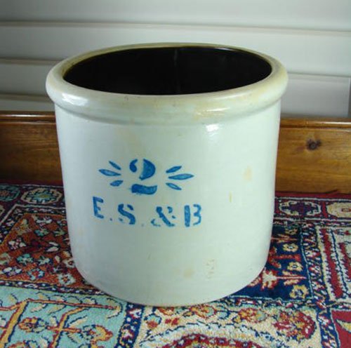 E.S. & B. antique stoneware crock. 2 gallon with blu