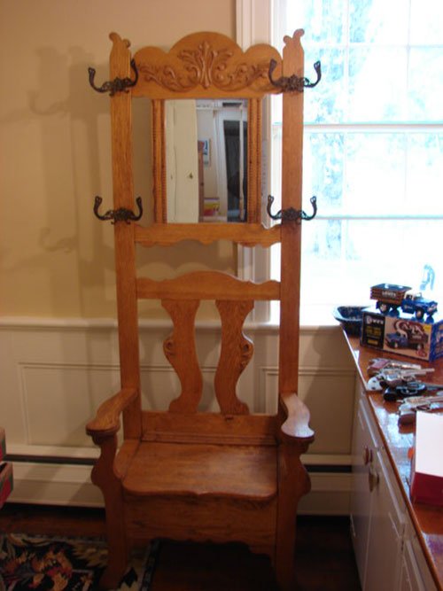 Victorian Golden Oak Hall Seat, fancy cast hooks, b