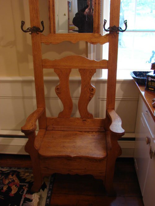 Victorian Golden Oak Hall Seat, fancy cast hooks, b - 2