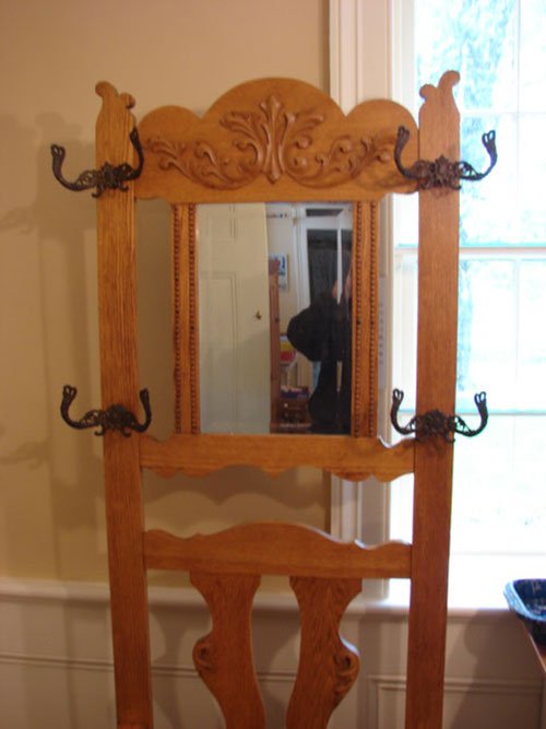 Victorian Golden Oak Hall Seat, fancy cast hooks, b - 3