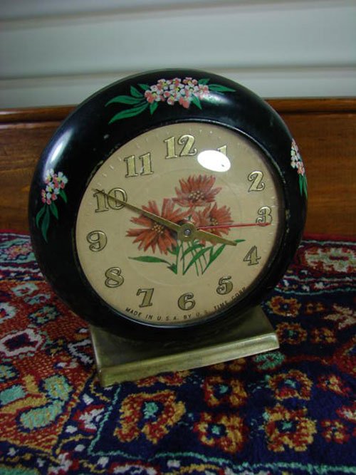 Vintage U.S. Time Corp Alarm Clock with painted flo