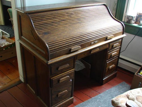 Oak Roll Top Desk with two columns of drawers, S cu - 3