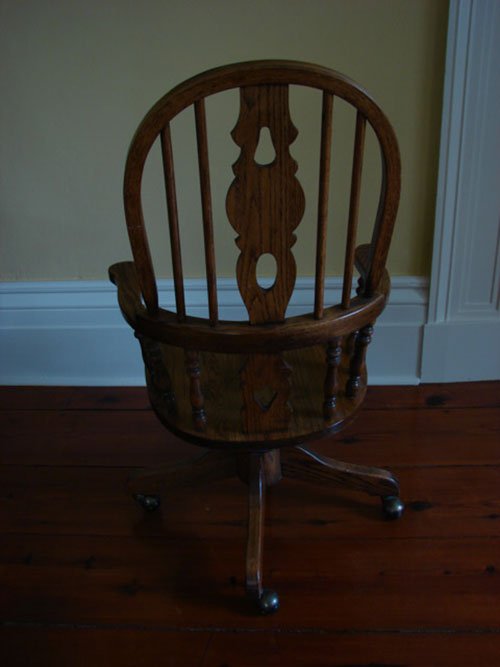 030A: Pressed Back Oak Desk Chair. Swivel base. 43" h x - 3