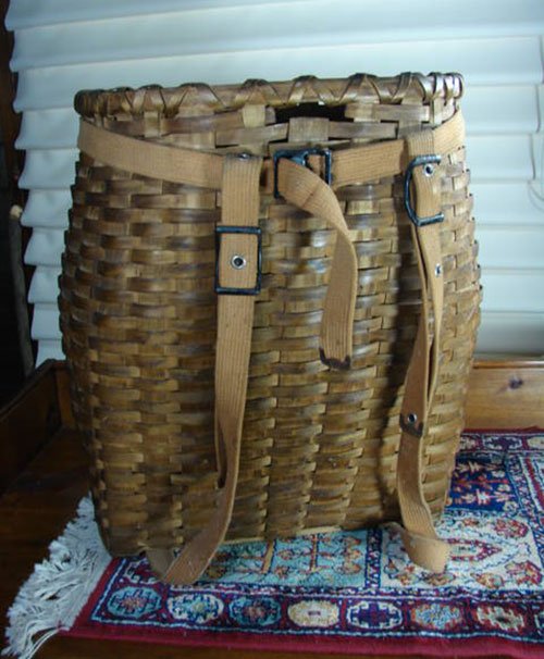 Antique Adirondack Pack Basket with canvas straps.  - 3