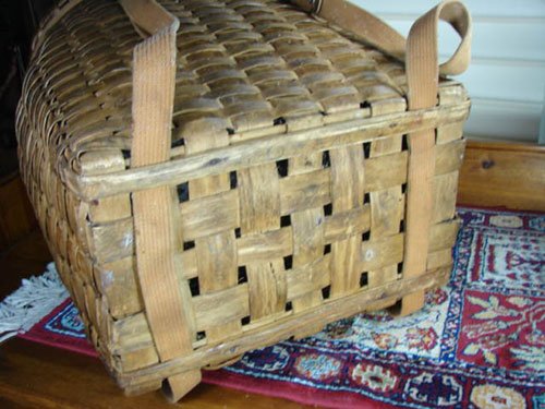 Antique Adirondack Pack Basket with canvas straps.  - 4