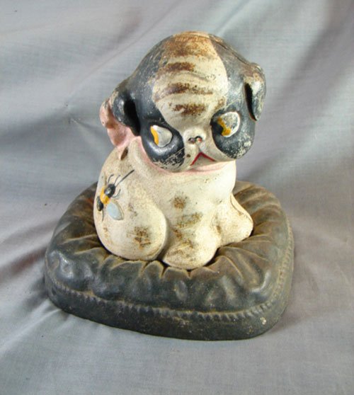 Antique Cast Iron Puppy Dog Bank. Note the bumbleb