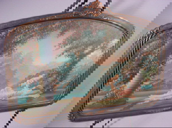 "Fox-Urgelles" colored print with woman and infan: "Fox-Urgelles" colored print with woman and infant in landscape. Marked "1925 Borin Chicago" In the manner of Maxfield Parrish. Mounted under glass in it's original painted gesso over wood frame. SS 1