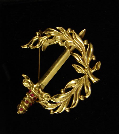14k Yellow Gold Brooch / Pin with Sword and Wreath.